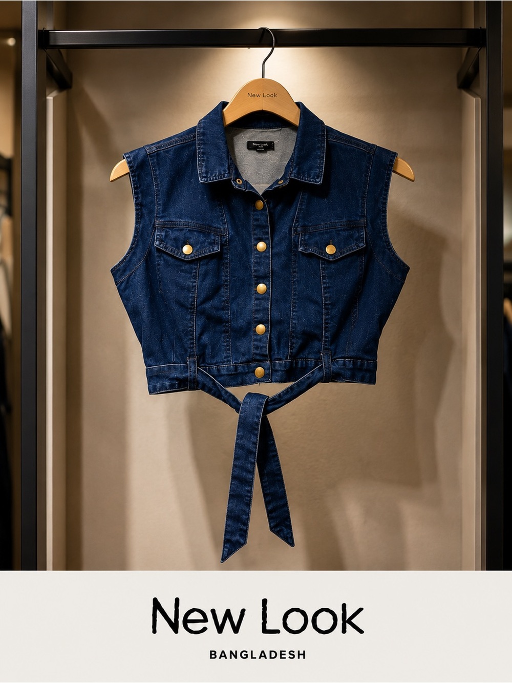 New Look Dark Blue Denim Tie-Waist Cropped Vest